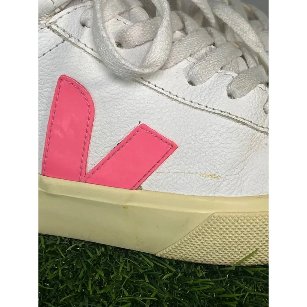 VEJA White Pink Neon High Top Sneakers Women’s Size 6 EU 37 Leather Casual Shoe